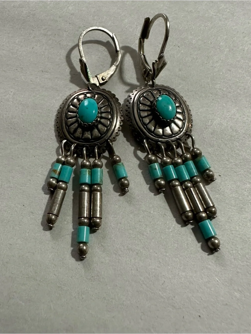 Vtg QT Southwest Sterling 925 Turquoise Dream Catcher Dangle Earring 2” Pierced